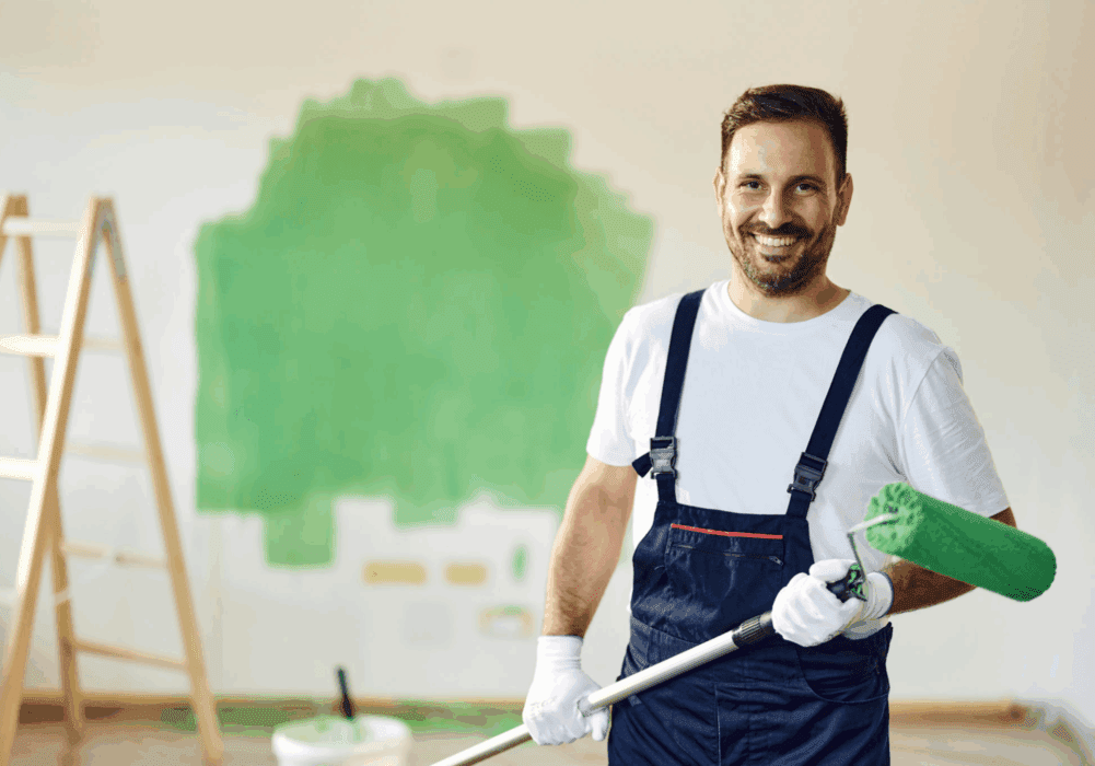 Home renovation with green paint roller